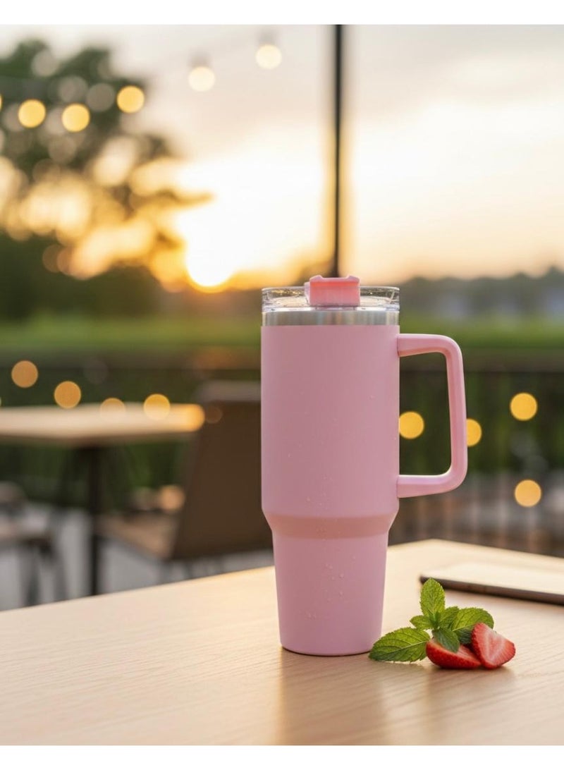 Stainless Steel Mug, 1200 ml Stainless Steel Mug with Straw and Handle, Insulated Mug with Lid Travel Mug, Stainless Steel Coffee Mug for Hot Iced Drinks, Travel Mug with Handle